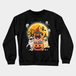 Pug Dog Mummy Witch Moon Ghosts Happy Halloween Thanksgiving Merry Christmas Day Crewneck Sweatshirt